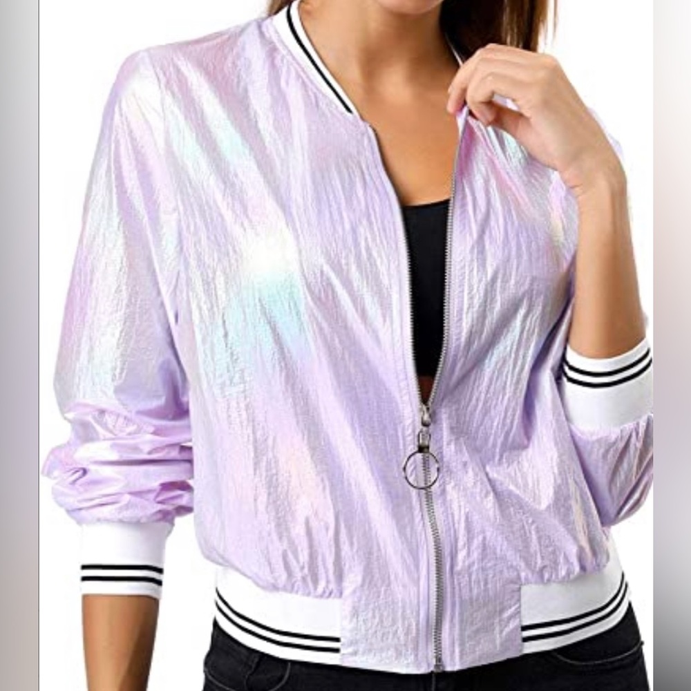Allegra K purple metallic lightweight bomber jacket with zipper, size M